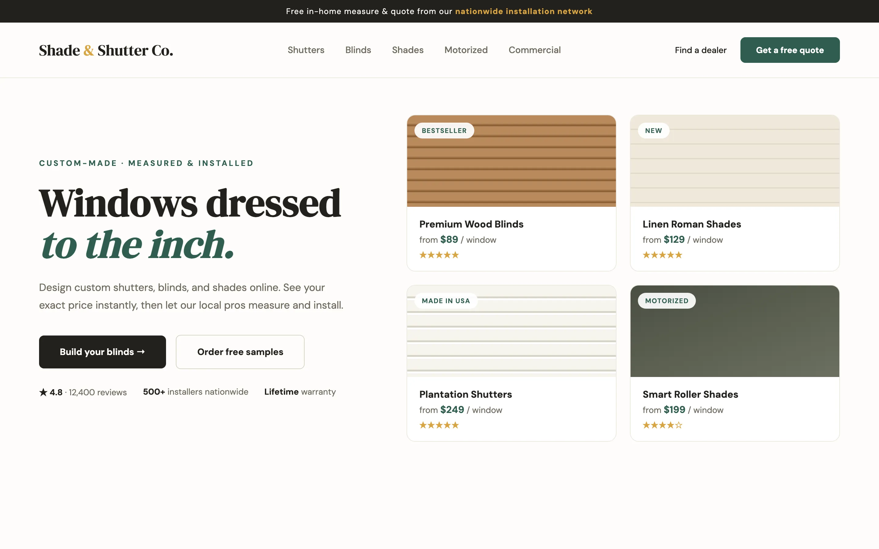 E-commerce website concept for a window treatments retailer: clean product grid with configurator