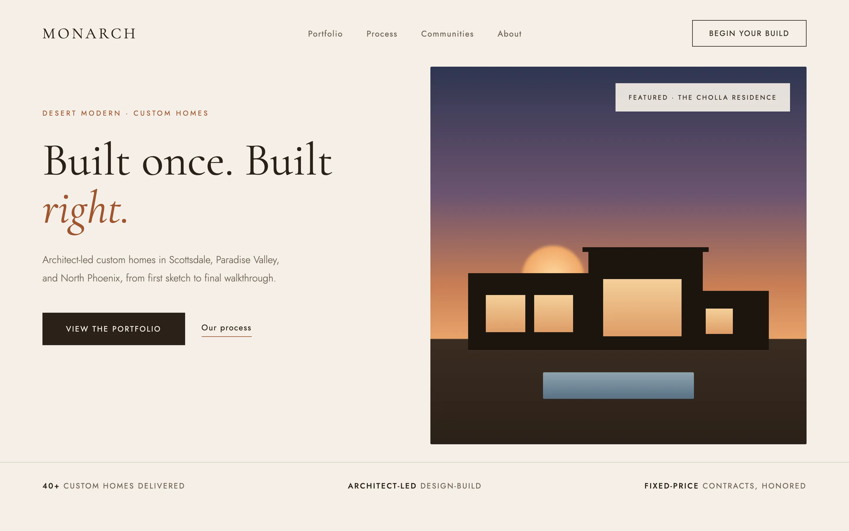 Website concept for a luxury custom home builder: full-bleed photography of a desert modern home with serif headline