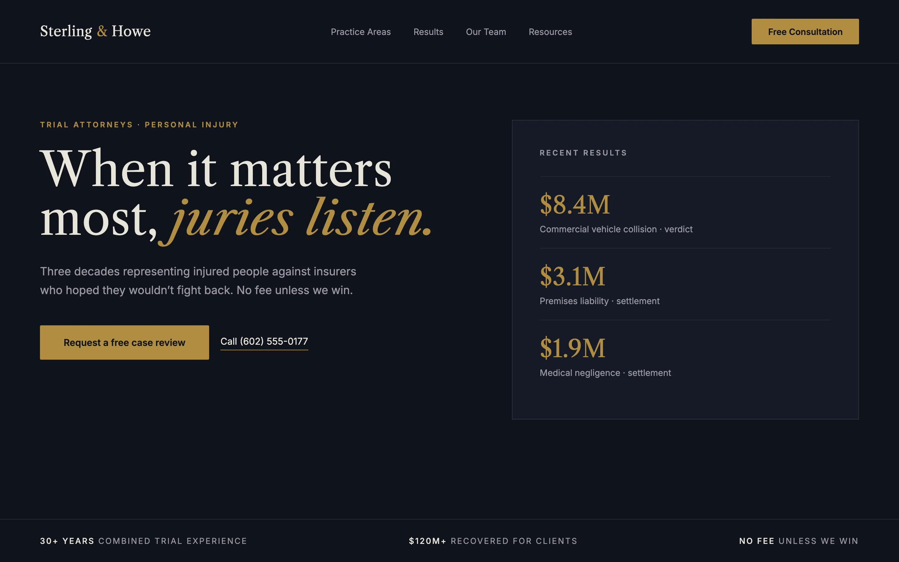 Website concept for a plaintiff law firm: dark editorial design with strong typography and case results