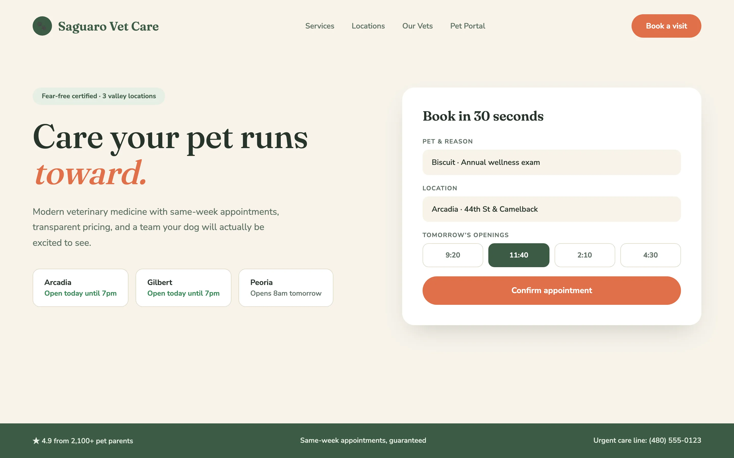 Website concept for a veterinary clinic: warm friendly design with online appointment booking
